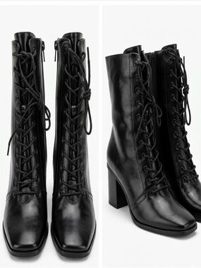 Women's Black Lace-Up Block Heel Boots